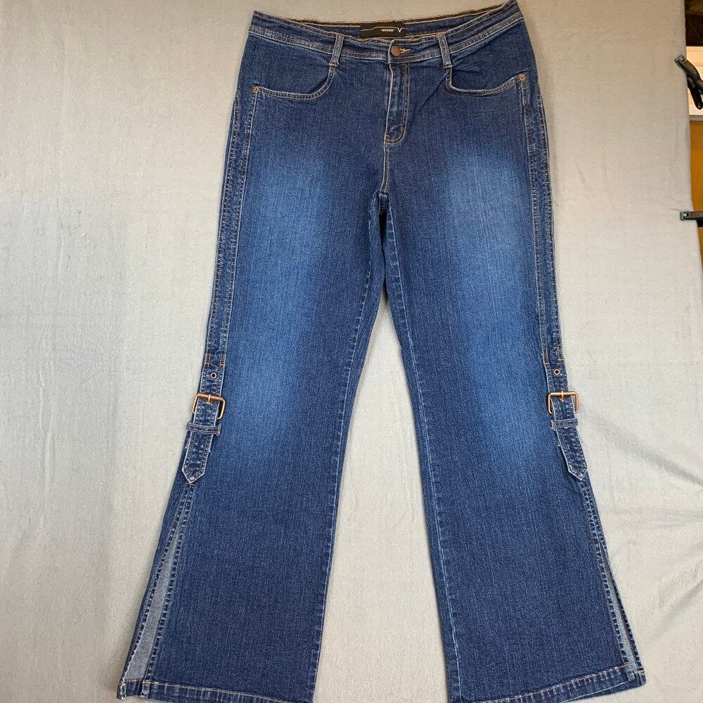 Venezia Women's Size 16 Stretch Split Flare Leg Buckle Accents Blue Jeans